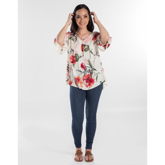 Ivory Multi Color Floral 3/4 Sleeve Top - Medium - Picture 12 of 12